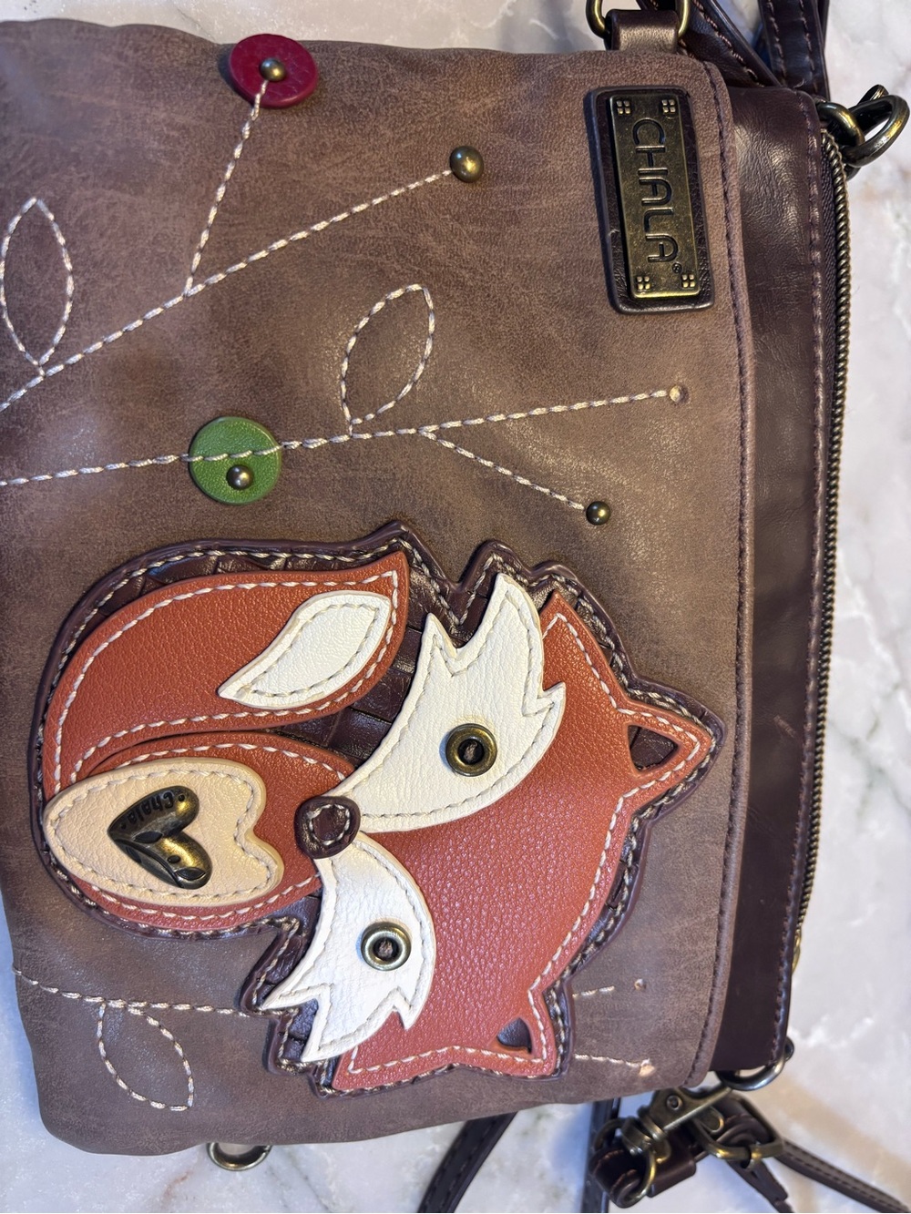 Chala Brown Fox Appliqué Crossbody Bag with White & Tan Accents - Picture 2 of 4